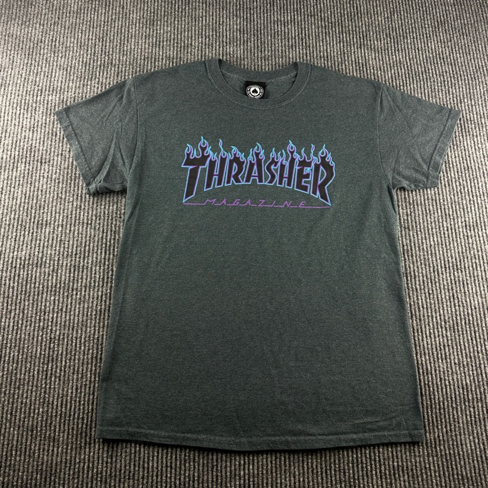 Thrasher Magazine Flame Logo T-Shirt Mens Medium Charcoal Grey Purple Blue Skate